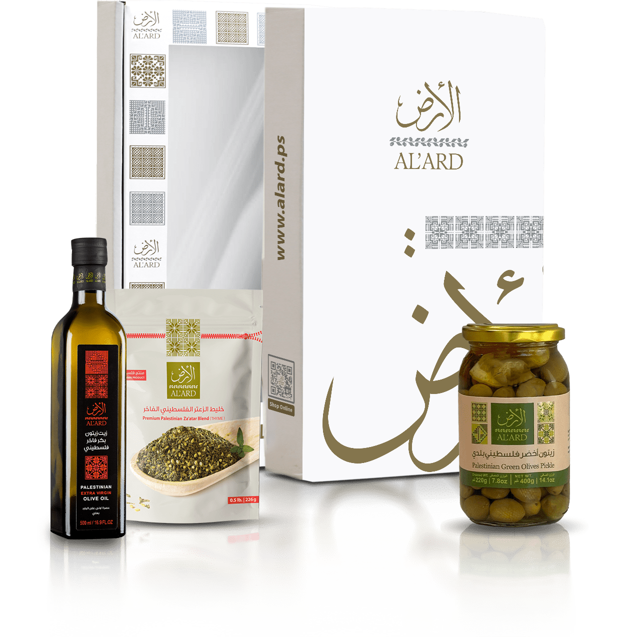 Al'ard USA Al'Ard Gift Box ( Extra Virgin Olive Oil - 500mL/16.9fl oz + Premium Za'atar Blend - 0.5lbs + Green Olives Pickle - Drained WT 220g/14.1oz )