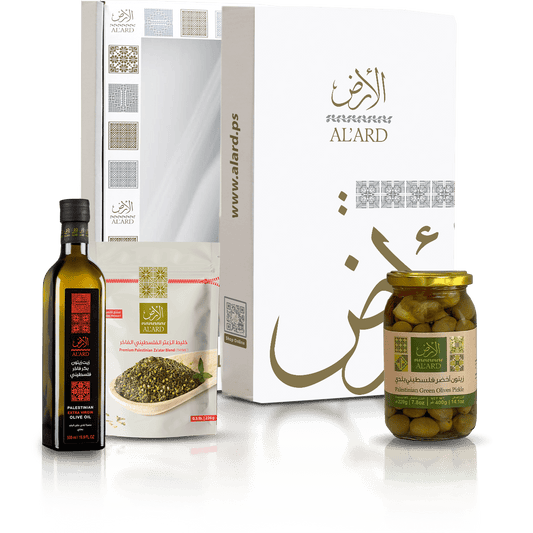 Al'ard USA Al'Ard Gift Box ( Extra Virgin Olive Oil - 500mL/16.9fl oz + Premium Za'atar Blend - 0.5lbs + Green Olives Pickle - Drained WT 220g/14.1oz )