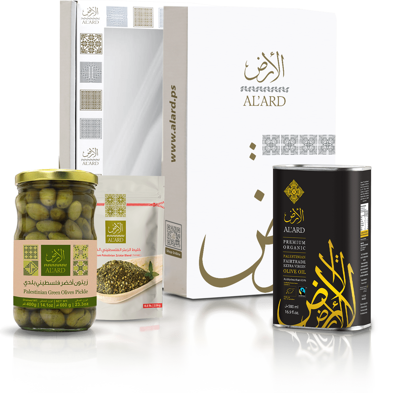 Al'ard USA Al'Ard Gift Box ( Premium Organic Fairtrade EVOO- 500mL/16.9fl oz + Premium Za'atar Blend - 0.5lb/8oz + Green Olives Pickle Drained Wt. 400g/14.1oz )