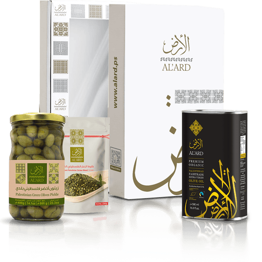 Al'ard USA Al'Ard Gift Box ( Premium Organic Fairtrade EVOO- 500mL/16.9fl oz + Premium Za'atar Blend - 0.5lb/8oz + Green Olives Pickle Drained Wt. 400g/14.1oz )