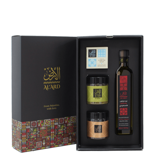 Al'ard USA Al'Ard  Premium Gift - Extra Virgin Olive Oil - 500ml + Nabulsi Olive Oil Soap bar 150g + Premium Za'atar Blend 120g + Dukkah Blend 120g